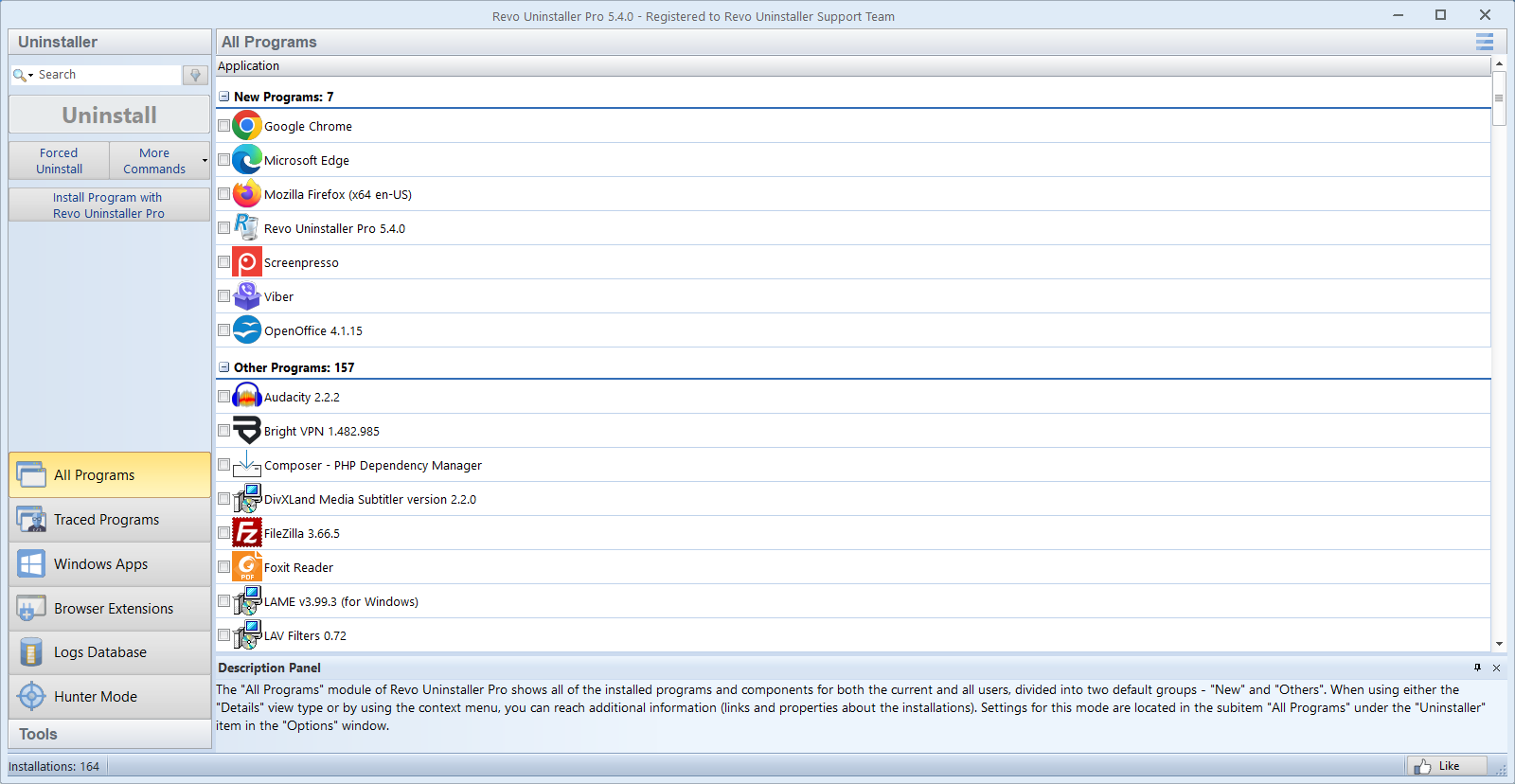 Revo Uninstaller Pro: All Programs view after selecting software for cleanup