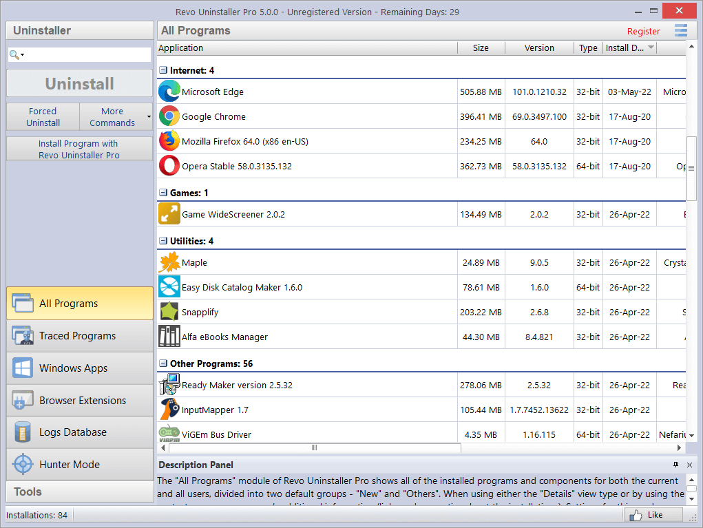 Revo Uninstaller Pro: All Programs details columns for size, version, and publisher