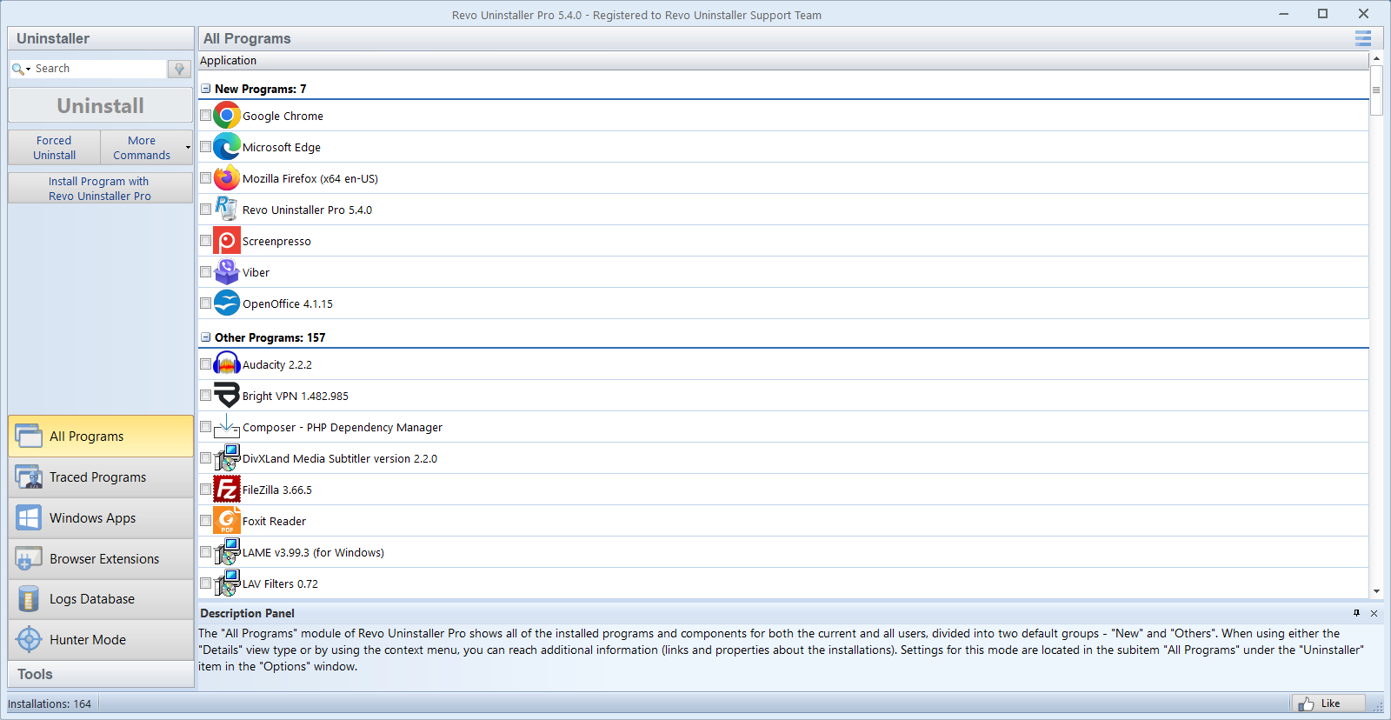 Revo Uninstaller Pro: All Programs list with New and Other program groups