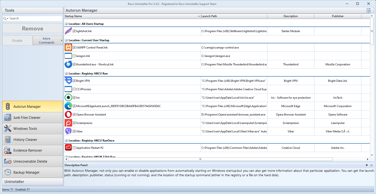 Revo Uninstaller Pro: Autorun Manager listing startup entries and launch paths