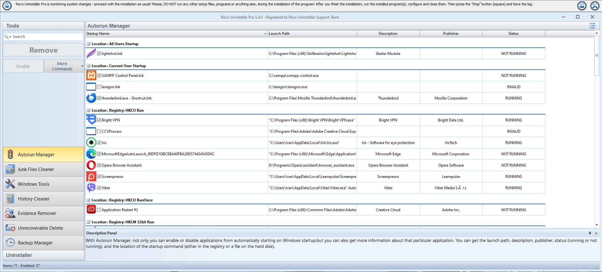 Revo Uninstaller Pro: Autorun Manager with status for programs that start with Windows