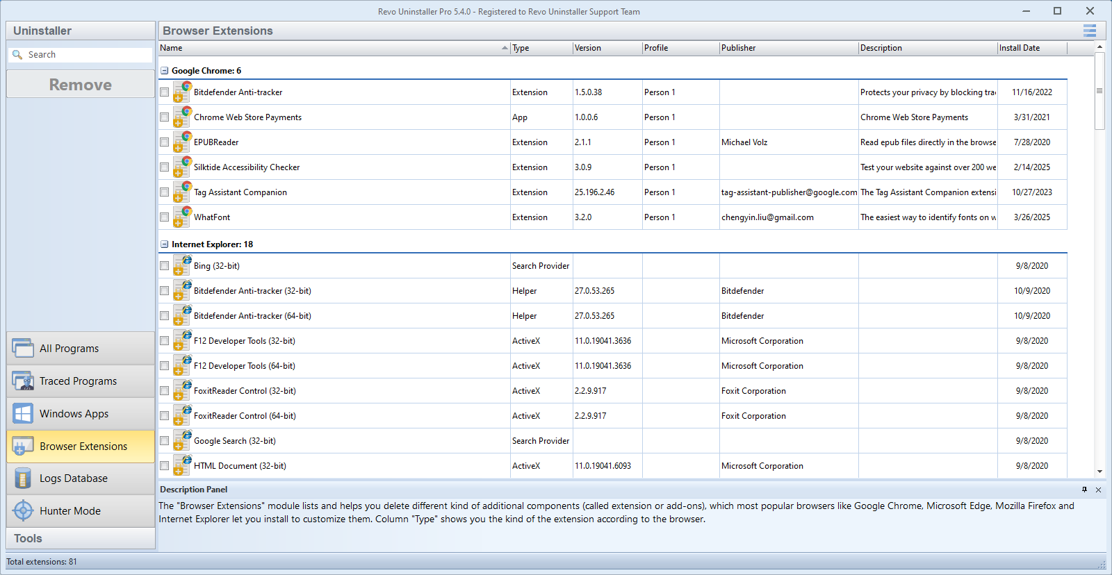 Revo Uninstaller Pro: Browser Extensions module for Chrome, Edge, Firefox, and Internet Explorer add-ons