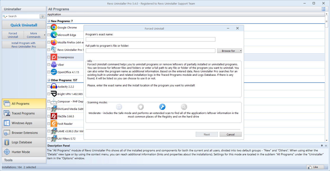 Revo Uninstaller Pro: Forced Uninstall dialog for stuck or broken program entries