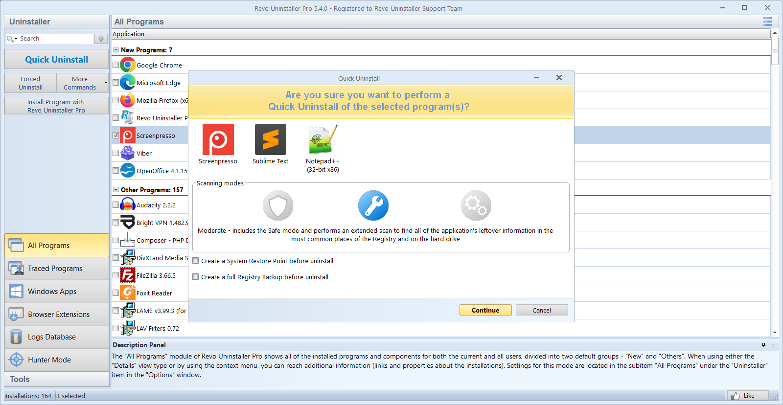 Revo Uninstaller Pro: Quick Uninstall dialog with Safe, Moderate, and Advanced leftover scan modes
