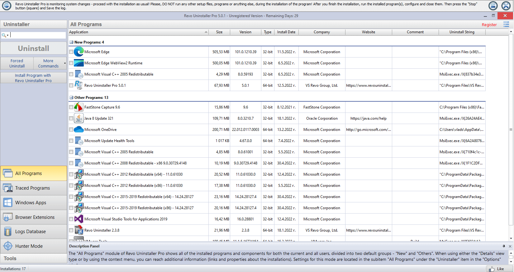 Revo Uninstaller Pro: All Programs details view during an uninstall session