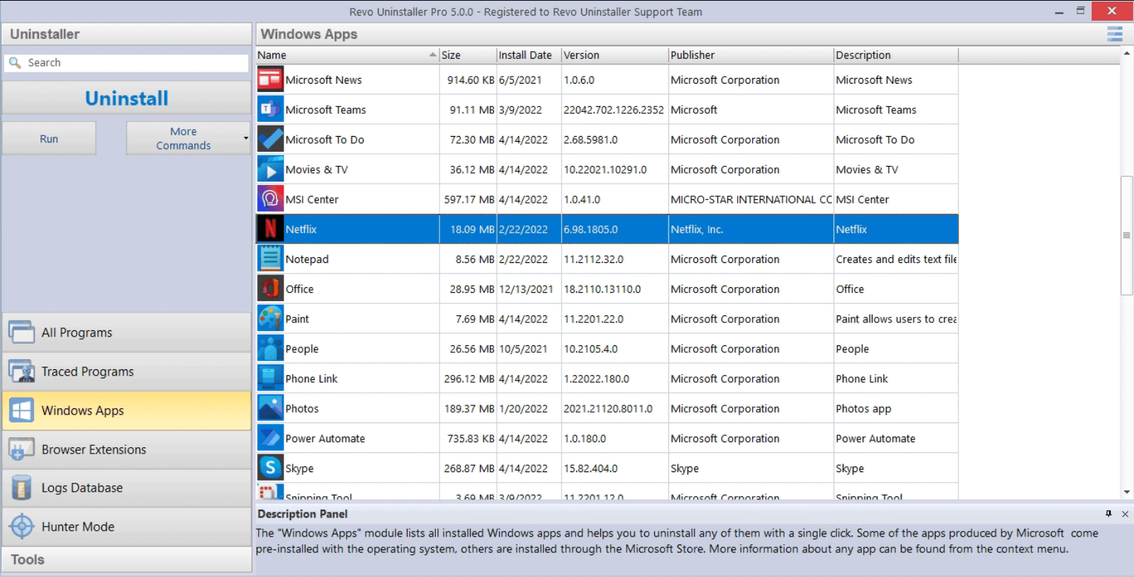 Revo Uninstaller Pro: Windows Apps list for installed Store and system apps